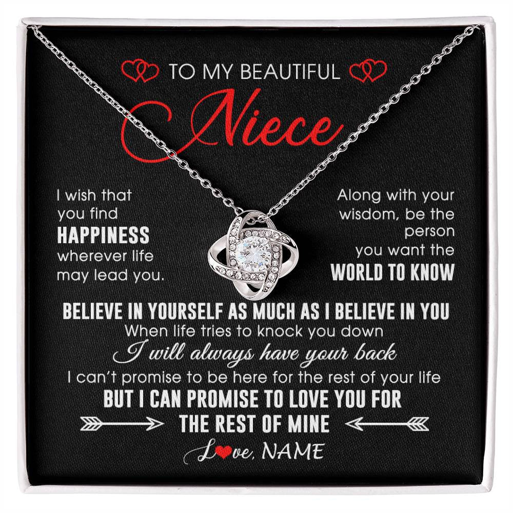 Love Knot Necklace 14K White Gold Finish | Personalized To My Beautiful Niece Necklace From Aunt Uncle Aunt Happiness Wherever Life Niece Birthday Graduation Christmas Customized Gift Box Message Card | teecentury