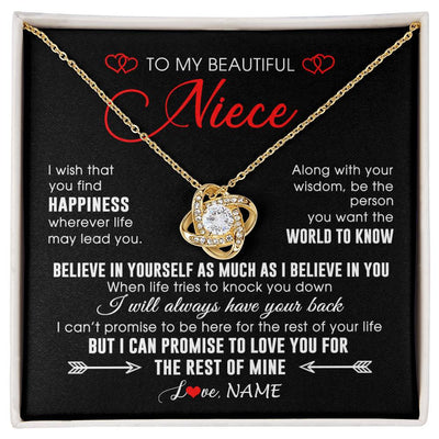 Love Knot Necklace 18K Yellow Gold Finish | Personalized To My Beautiful Niece Necklace From Aunt Uncle Aunt Happiness Wherever Life Niece Birthday Graduation Christmas Customized Gift Box Message Card | teecentury