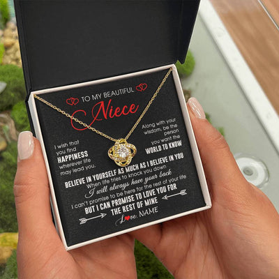 Love Knot Necklace 18K Yellow Gold Finish | Personalized To My Beautiful Niece Necklace From Aunt Uncle Aunt Happiness Wherever Life Niece Birthday Graduation Christmas Customized Gift Box Message Card | teecentury