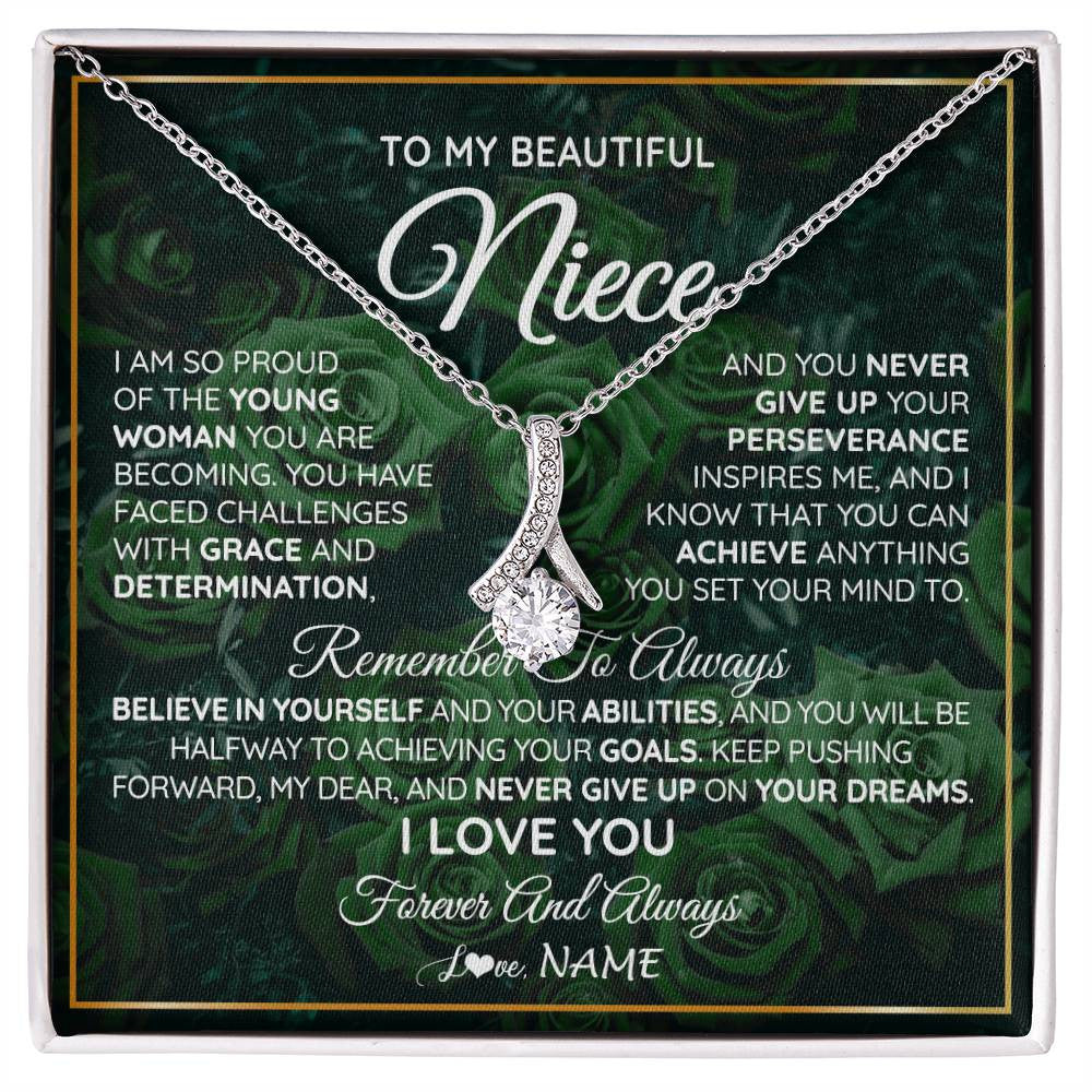 Alluring Beauty Necklace 14K White Gold Finish | Personalized To My Beautiful Niece Necklace From Aunt Uncle Aunt Never Give Up Niece Birthday Graduation Motivational Quote Customized Gift Box Message Card | teecentury
