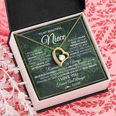 Forever Love Necklace 18K Yellow Gold Finish | Personalized To My Beautiful Niece Necklace From Aunt Uncle Aunt Never Give Up Niece Birthday Graduation Motivational Quote Customized Gift Box Message Card | teecentury