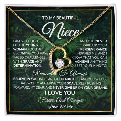 Forever Love Necklace 18K Yellow Gold Finish | Personalized To My Beautiful Niece Necklace From Aunt Uncle Aunt Never Give Up Niece Birthday Graduation Motivational Quote Customized Gift Box Message Card | teecentury