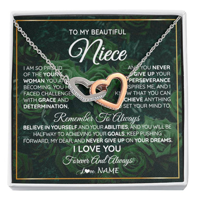 Interlocking Hearts Necklace Stainless Steel & Rose Gold Finish | Personalized To My Beautiful Niece Necklace From Aunt Uncle Aunt Never Give Up Niece Birthday Graduation Motivational Quote Customized Gift Box Message Card | teecentury