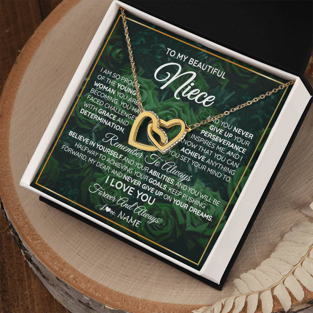 Interlocking Hearts Necklace 18K Yellow Gold Finish | Personalized To My Beautiful Niece Necklace From Aunt Uncle Aunt Never Give Up Niece Birthday Graduation Motivational Quote Customized Gift Box Message Card | teecentury