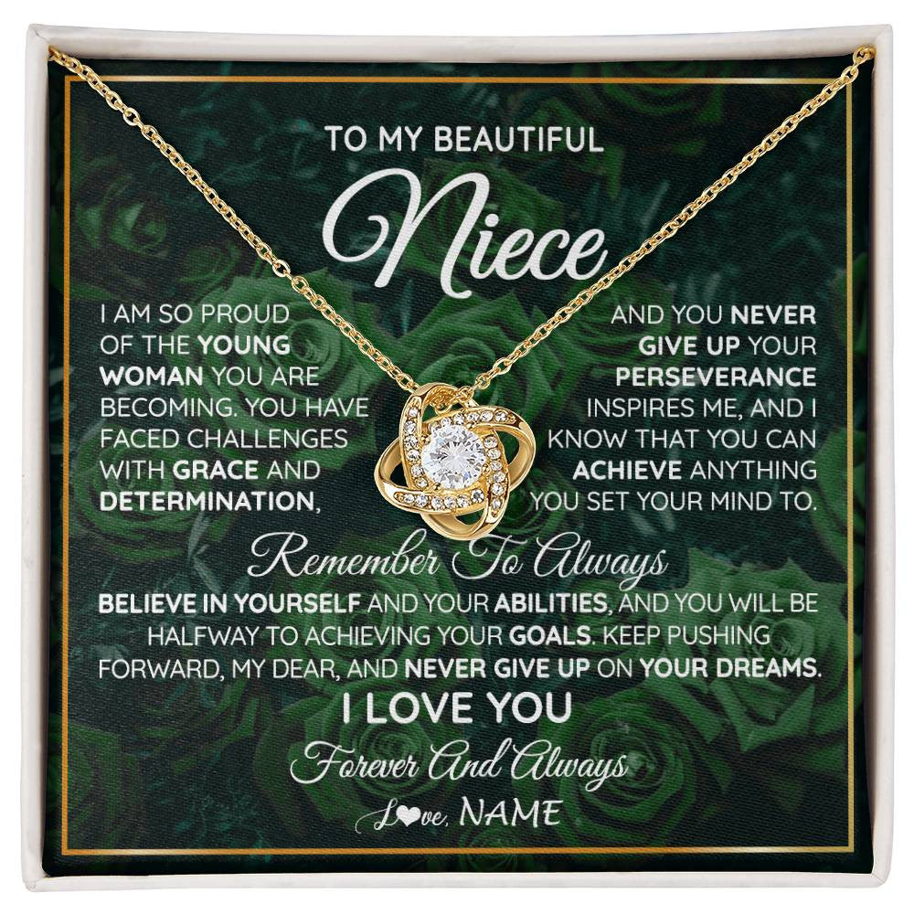 Love Knot Necklace 18K Yellow Gold Finish | Personalized To My Beautiful Niece Necklace From Aunt Uncle Aunt Never Give Up Niece Birthday Graduation Motivational Quote Customized Gift Box Message Card | teecentury