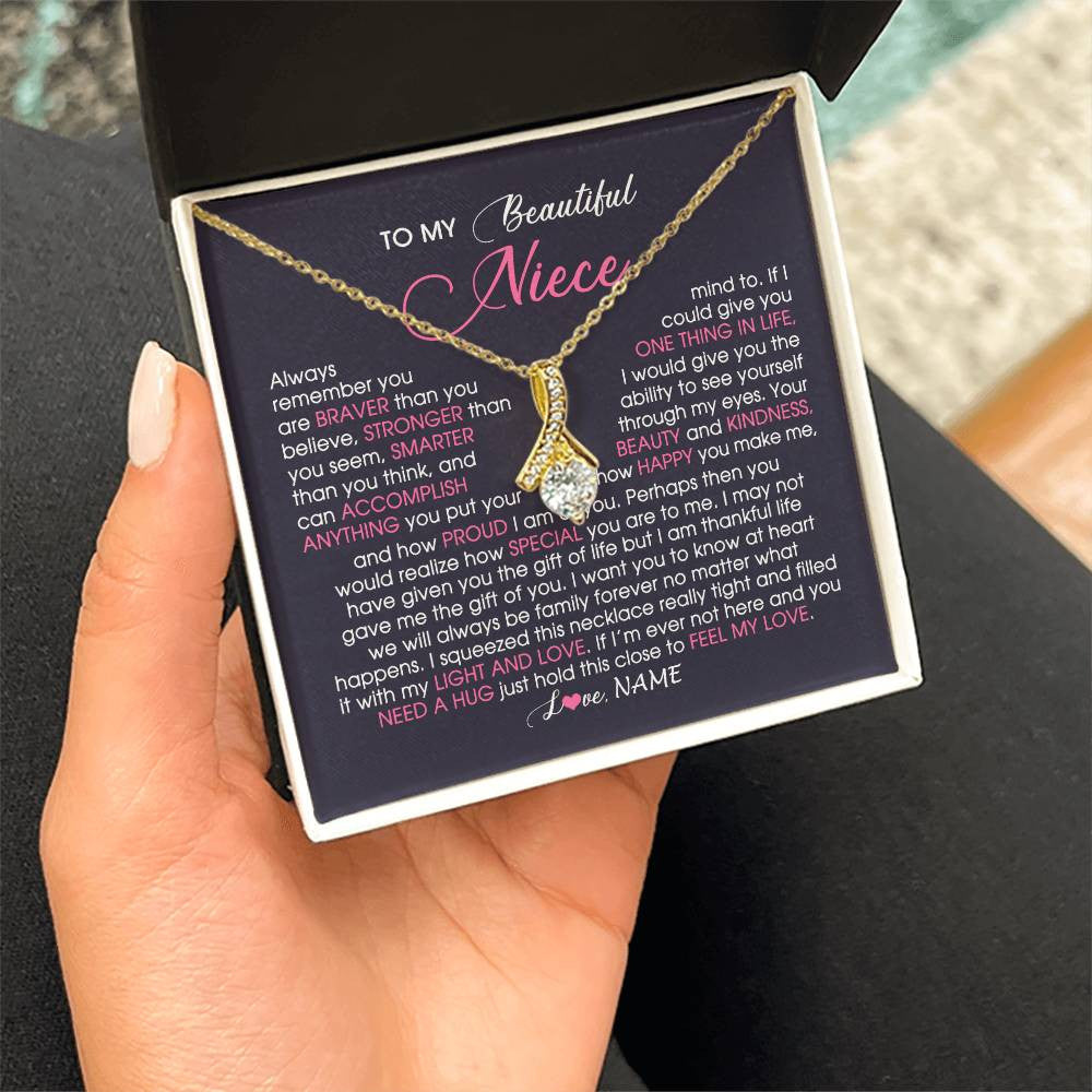 Alluring Beauty Necklace 18K Yellow Gold Finish | Personalized To My Beautiful Niece Necklace From Aunt Uncle Auntie Feel My Love Niece Birthday Christmas Graduation Jewelry Customized Gift Box Message Card | teecentury