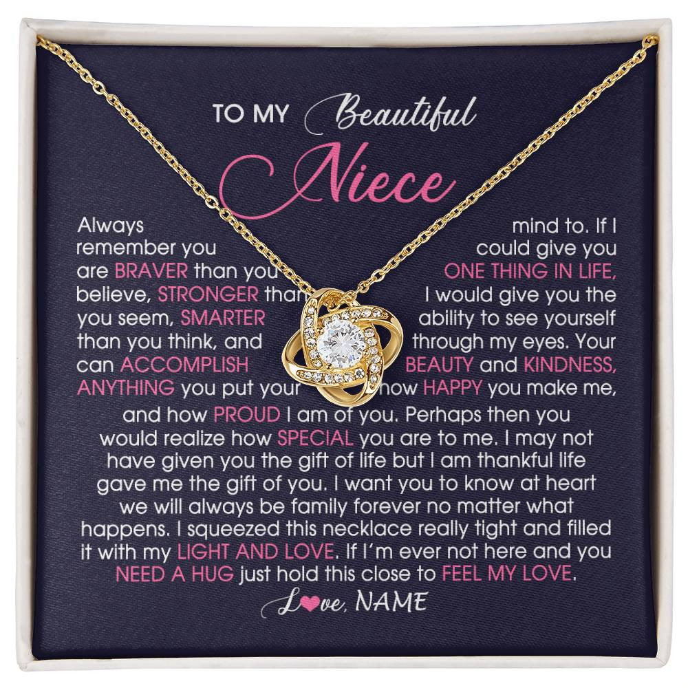 Love Knot Necklace 18K Yellow Gold Finish | Personalized To My Beautiful Niece Necklace From Aunt Uncle Auntie Feel My Love Niece Birthday Christmas Graduation Jewelry Customized Gift Box Message Card | teecentury