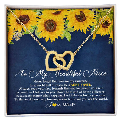Interlocking Hearts Necklace 18K Yellow Gold Finish | Personalized To My Beautiful Niece Necklace From Aunt Uncle Be A Sunflower My Sunshine Niece Jewelry Birthday Christmas Customized Gift Box Message Card | teecentury