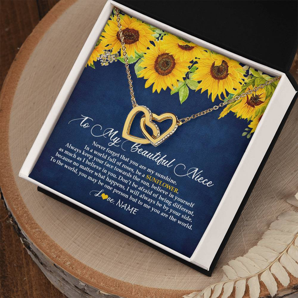 Interlocking Hearts Necklace 18K Yellow Gold Finish | Personalized To My Beautiful Niece Necklace From Aunt Uncle Be A Sunflower My Sunshine Niece Jewelry Birthday Christmas Customized Gift Box Message Card | teecentury