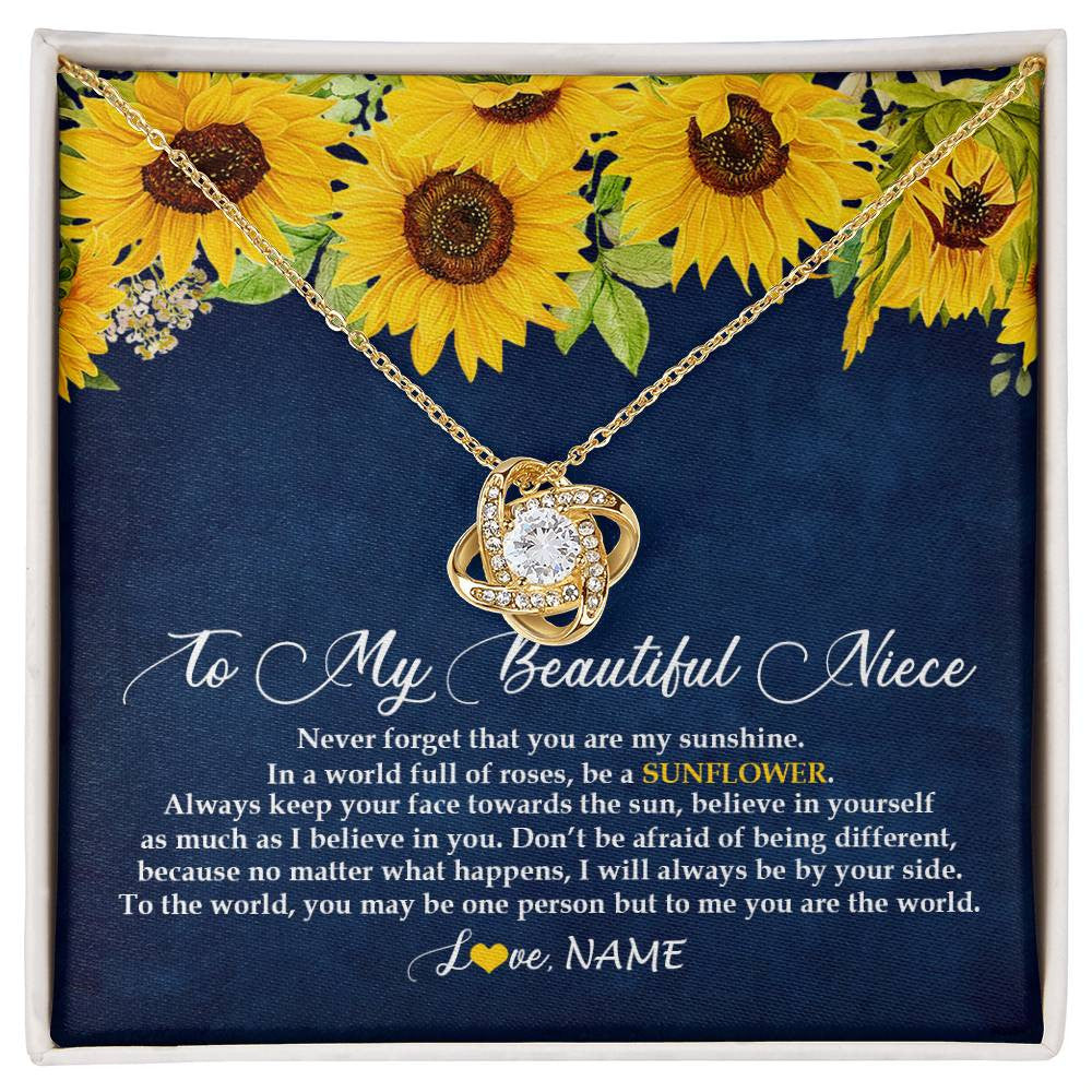 Love Knot Necklace 18K Yellow Gold Finish | Personalized To My Beautiful Niece Necklace From Aunt Uncle Be A Sunflower My Sunshine Niece Jewelry Birthday Christmas Customized Gift Box Message Card | teecentury