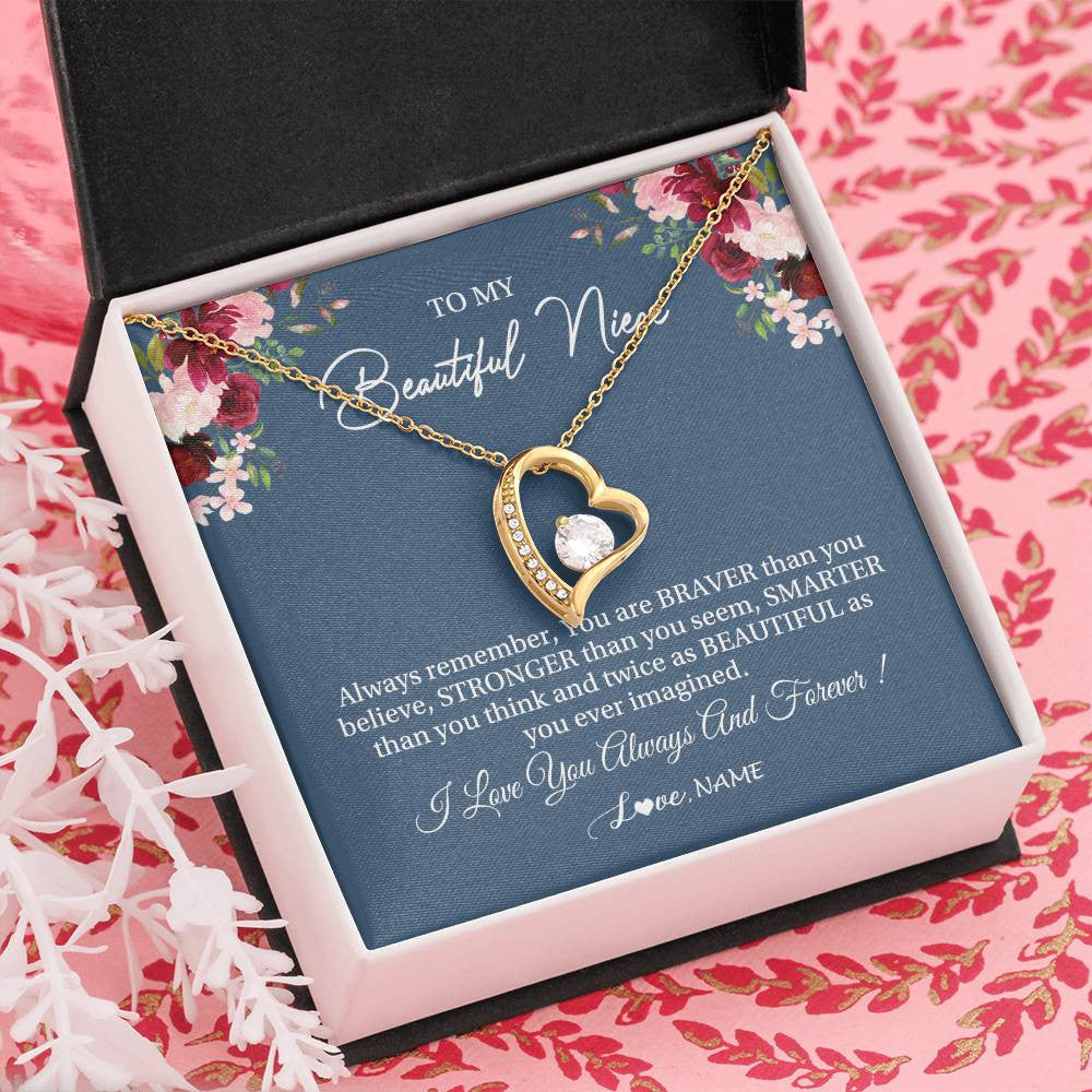 Forever Love Necklace 18K Yellow Gold Finish | Personalized To My Beautiful Niece Necklace From Aunt Uncle Braver Stronger Smarter Niece Pendant Jewelry Birthday Graduation Christmas Customized Message Card | teecentury