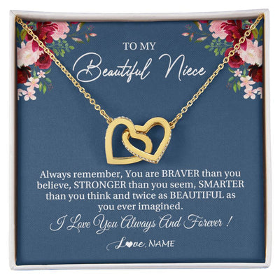 Interlocking Hearts Necklace 18K Yellow Gold Finish | Personalized To My Beautiful Niece Necklace From Aunt Uncle Braver Stronger Smarter Niece Pendant Jewelry Birthday Graduation Christmas Customized Message Card | teecentury