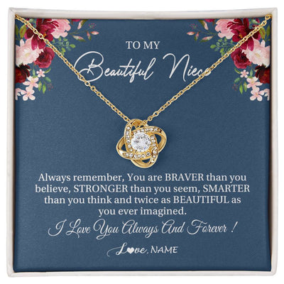 Love Knot Necklace 18K Yellow Gold Finish | Personalized To My Beautiful Niece Necklace From Aunt Uncle Braver Stronger Smarter Niece Pendant Jewelry Birthday Graduation Christmas Customized Message Card | teecentury