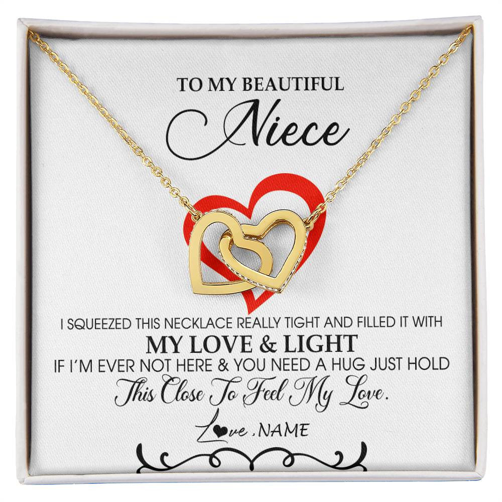 Interlocking Hearts Necklace 18K Yellow Gold Finish | Personalized To My Beautiful Niece Necklace From Aunt Uncle Filled With My Love and Light Niece Pendant Jewelry Birthday Christmas Customized Message Card | teecentury