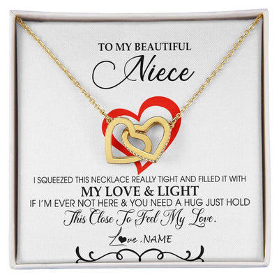 Interlocking Hearts Necklace 18K Yellow Gold Finish | Personalized To My Beautiful Niece Necklace From Aunt Uncle Filled With My Love and Light Niece Pendant Jewelry Birthday Christmas Customized Message Card | teecentury