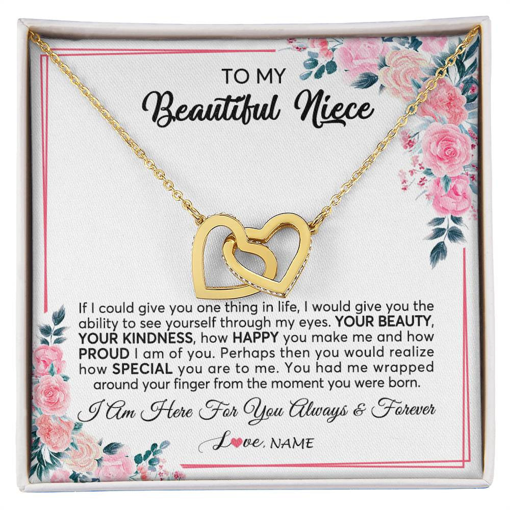 Interlocking Hearts Necklace 18K Yellow Gold Finish | 1 | Personalized To My Beautiful Niece Necklace From Aunt Uncle I Am Here For You Floral Niece Jewelry Pendant Birthday Christmas Customized Message Card | teecentury