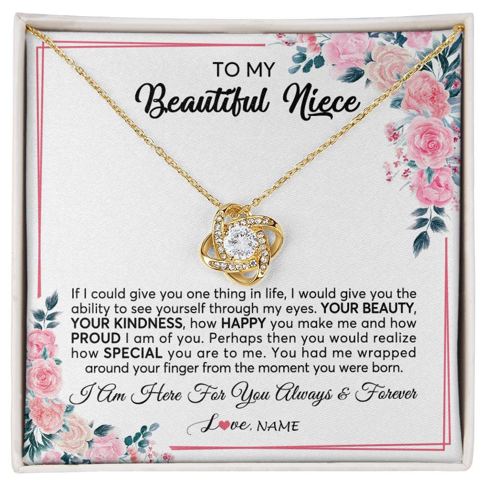 Love Knot Necklace 18K Yellow Gold Finish | 1 | Personalized To My Beautiful Niece Necklace From Aunt Uncle I Am Here For You Floral Niece Jewelry Pendant Birthday Christmas Customized Message Card | teecentury