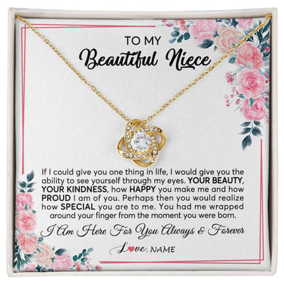 Love Knot Necklace 18K Yellow Gold Finish | 1 | Personalized To My Beautiful Niece Necklace From Aunt Uncle I Am Here For You Floral Niece Jewelry Pendant Birthday Christmas Customized Message Card | teecentury