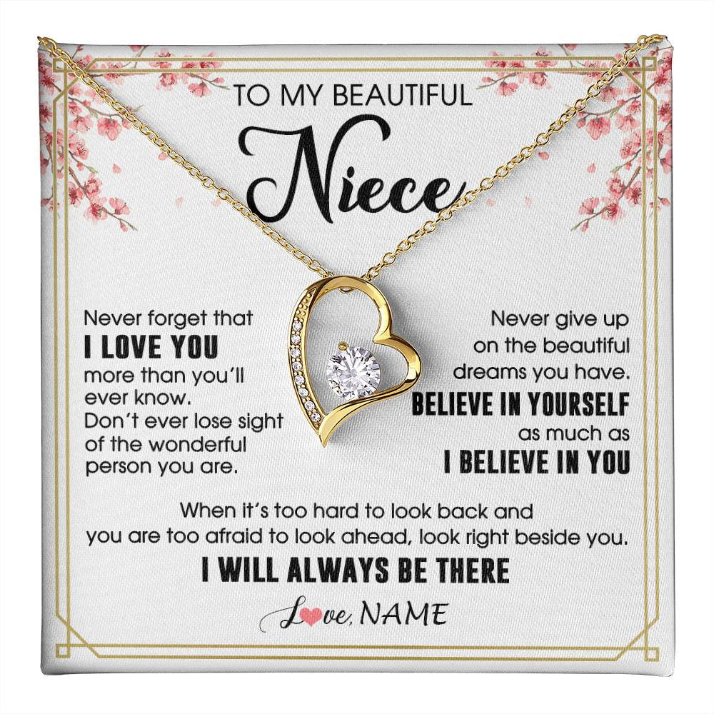 Forever Love Necklace 18K Yellow Gold Finish | 1 | Personalized To My Beautiful Niece Necklace From Aunt Uncle I Love You Believe In You Niece Birthday Graduation Christmas Customized Gift Box Message Card | teecentury