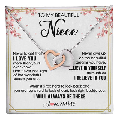 Interlocking Hearts Necklace Stainless Steel & Rose Gold Finish | 1 | Personalized To My Beautiful Niece Necklace From Aunt Uncle I Love You Believe In You Niece Birthday Graduation Christmas Customized Gift Box Message Card | teecentury