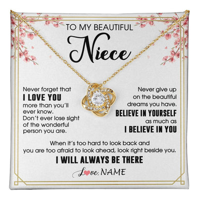 Love Knot Necklace 18K Yellow Gold Finish | 1 | Personalized To My Beautiful Niece Necklace From Aunt Uncle I Love You Believe In You Niece Birthday Graduation Christmas Customized Gift Box Message Card | teecentury