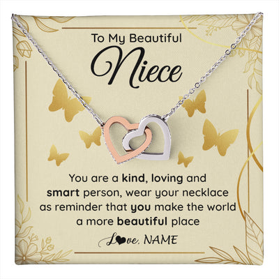 Interlocking Hearts Necklace Stainless Steel & Rose Gold Finish | 1 | Personalized To My Beautiful Niece Necklace From Aunt You Are A Kind Loving Niece Birthday Gifts Jewelry Graduation Christmas Customized Gift Box Message Card | teecentury