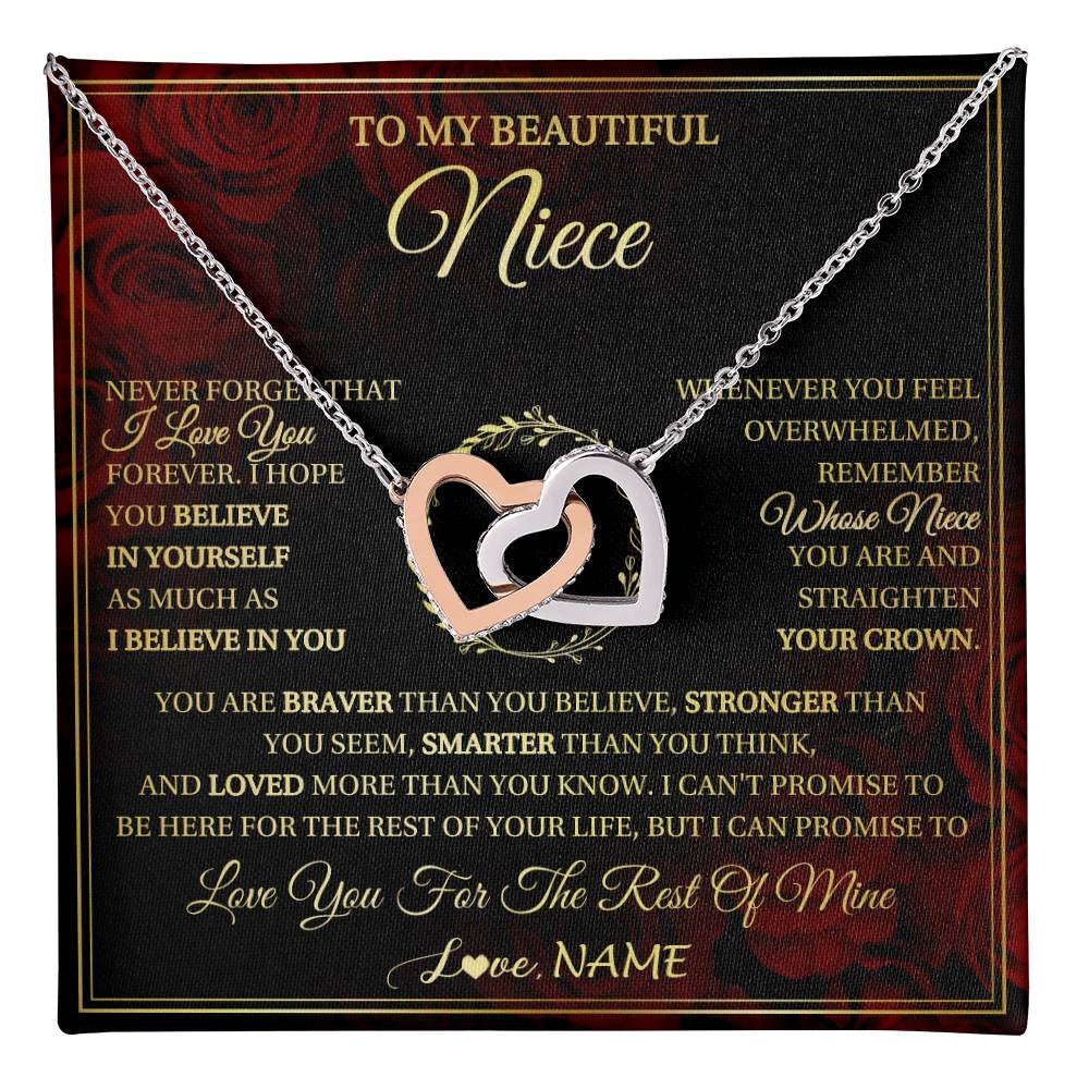 Interlocking Hearts Necklace Stainless Steel & Rose Gold Finish | 1 | Personalized To My Beautiful Niece Necklace Gift From Aunt Uncle I Love You Niece Birthday Jewelry Gifts Graduation Christmas Customized Gift Box Message Card | teecentury