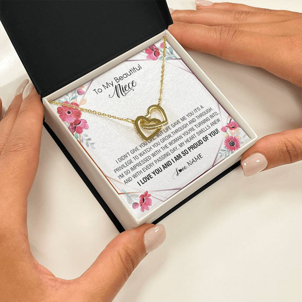 Interlocking Hearts Necklace 18K Yellow Gold Finish | 2 | Personalized To My Beautiful Niece Necklace from Aunt Auntie Life Gave Me You Niece Birthday Thanksgiving Graduation Christmas Customized Gift Box Message Card | teecentury