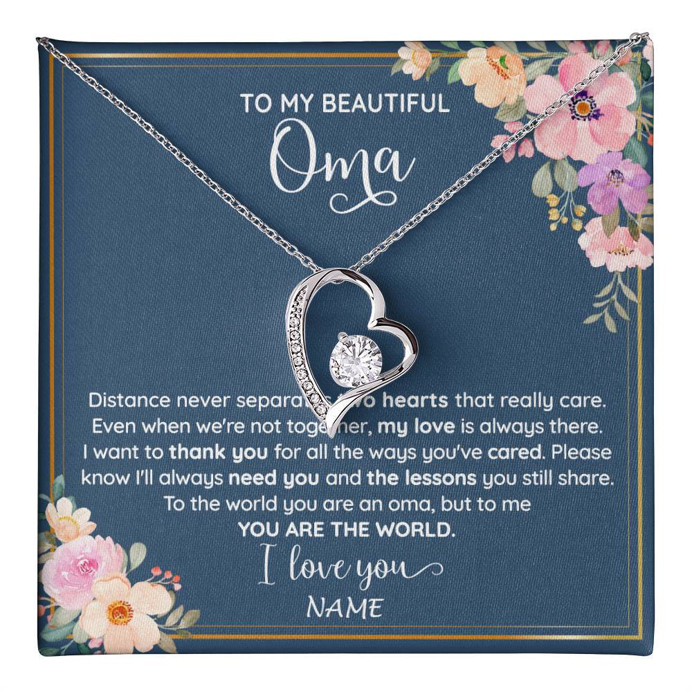 Forever Love Necklace 14K White Gold Finish | 1 | Personalized To My Beautiful Oma Necklace From Grandkids Granddaughter You Are The World Oma Birthday Mothers Day Christmas Customized Gift Box Message Card | teecentury