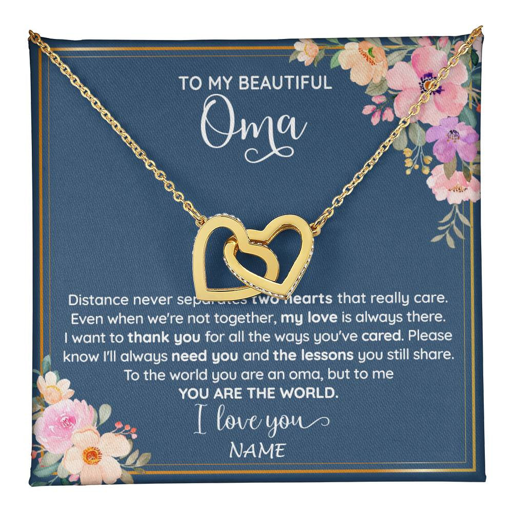 Interlocking Hearts Necklace 18K Yellow Gold Finish | 1 | Personalized To My Beautiful Oma Necklace From Grandkids Granddaughter You Are The World Oma Birthday Mothers Day Christmas Customized Gift Box Message Card | teecentury