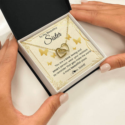 Interlocking Hearts Necklace 18K Yellow Gold Finish | 2 | Personalized To My Beautiful Sister Necklace From Brother You Are A Kind Loving Sister Birthday Gifts Jewelry Christmas Customized Gift Box Message Card | teecentury