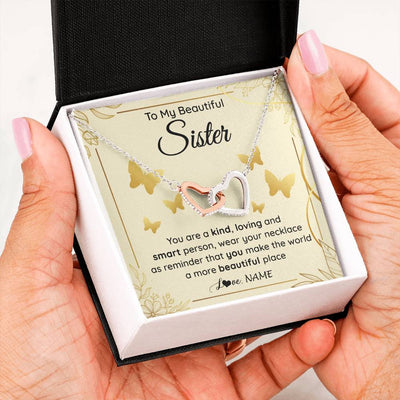 Interlocking Hearts Necklace Stainless Steel & Rose Gold Finish | 2 | Personalized To My Beautiful Sister Necklace From Brother You Are A Kind Loving Sister Birthday Gifts Jewelry Christmas Customized Gift Box Message Card | teecentury
