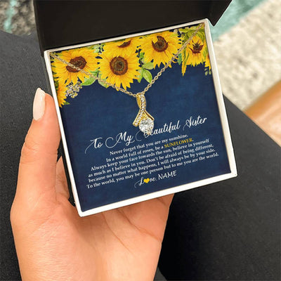 Alluring Beauty Necklace 18K Yellow Gold Finish | Personalized To My Beautiful Sister Necklace From Sister Brother Be A Sunflower My Sunshine Sister Birthday Christmas Customized Gift Box Message Card | teecentury