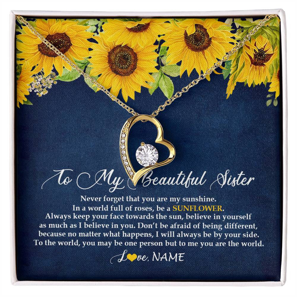 Forever Love Necklace 18K Yellow Gold Finish | Personalized To My Beautiful Sister Necklace From Sister Brother Be A Sunflower My Sunshine Sister Birthday Christmas Customized Gift Box Message Card | teecentury