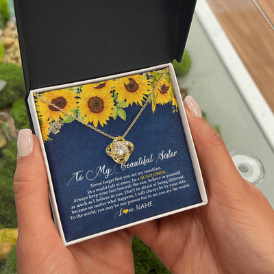 Love Knot Necklace 18K Yellow Gold Finish | Personalized To My Beautiful Sister Necklace From Sister Brother Be A Sunflower My Sunshine Sister Birthday Christmas Customized Gift Box Message Card | teecentury