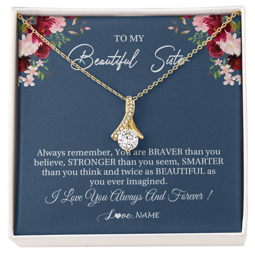 Alluring Beauty Necklace 18K Yellow Gold Finish | Personalized To My Beautiful Sister Necklace From Sister Brother Braver Stronger Smarter Sister Pendant Jewelry Birthday Christmas Customized Message Card | teecentury