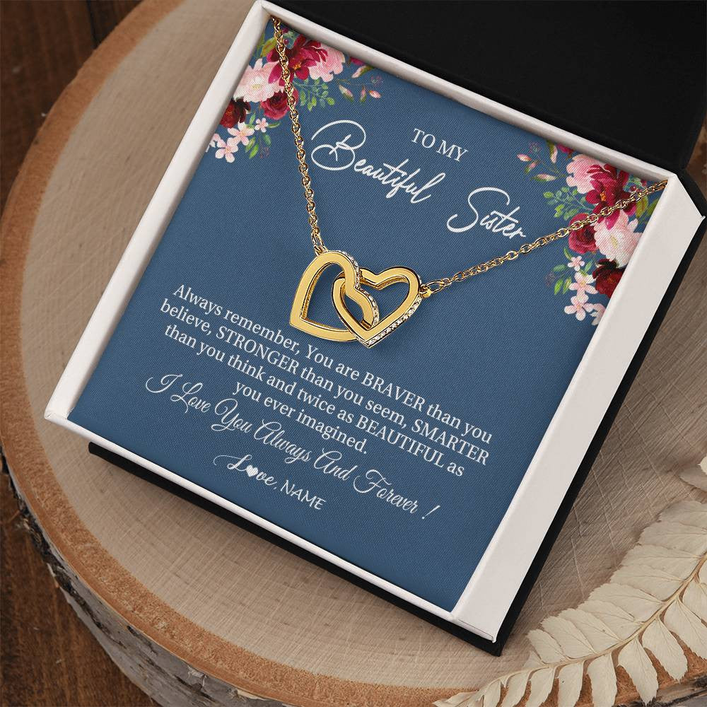 Interlocking Hearts Necklace 18K Yellow Gold Finish | Personalized To My Beautiful Sister Necklace From Sister Brother Braver Stronger Smarter Sister Pendant Jewelry Birthday Christmas Customized Message Card | teecentury