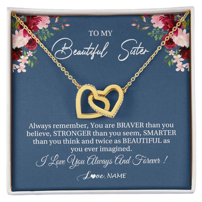Interlocking Hearts Necklace 18K Yellow Gold Finish | Personalized To My Beautiful Sister Necklace From Sister Brother Braver Stronger Smarter Sister Pendant Jewelry Birthday Christmas Customized Message Card | teecentury
