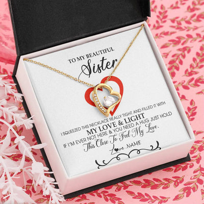 Forever Love Necklace 18K Yellow Gold Finish | Personalized To My Beautiful Sister Necklace From Sister Brother Filled With My Love and Light Sister Pendant Jewelry Birthday Christmas Customized Message Card | teecentury