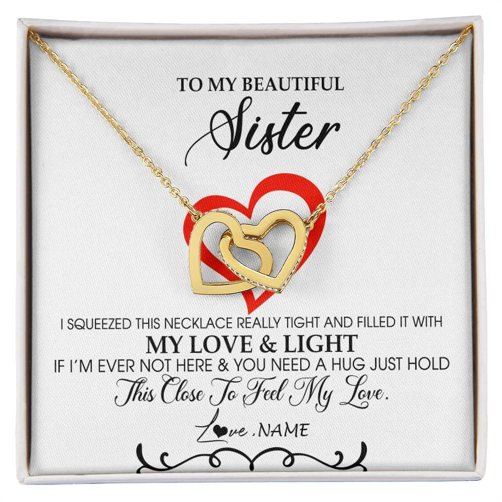 Interlocking Hearts Necklace 18K Yellow Gold Finish | Personalized To My Beautiful Sister Necklace From Sister Brother Filled With My Love and Light Sister Pendant Jewelry Birthday Christmas Customized Message Card | teecentury