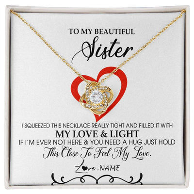 Love Knot Necklace 18K Yellow Gold Finish | Personalized To My Beautiful Sister Necklace From Sister Brother Filled With My Love and Light Sister Pendant Jewelry Birthday Christmas Customized Message Card | teecentury