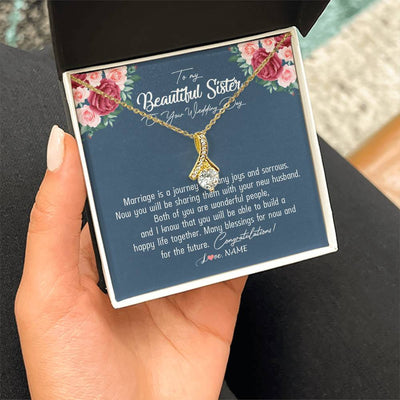 Alluring Beauty Necklace 18K Yellow Gold Finish | Personalized To My Beautiful Sister Necklace On Her Wedding Day Congratulations Jewelry Sister Birthday Anniversary Christmas Customized Gift Box Message Card | teecentury