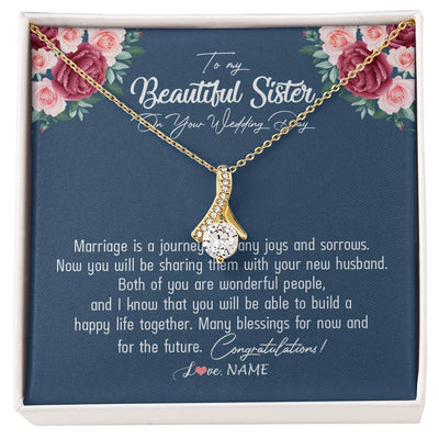 Alluring Beauty Necklace 18K Yellow Gold Finish | Personalized To My Beautiful Sister Necklace On Her Wedding Day Congratulations Jewelry Sister Birthday Anniversary Christmas Customized Gift Box Message Card | teecentury