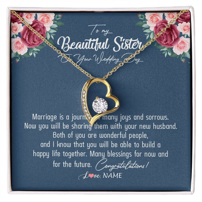 Forever Love Necklace 18K Yellow Gold Finish | Personalized To My Beautiful Sister Necklace On Her Wedding Day Congratulations Jewelry Sister Birthday Anniversary Christmas Customized Gift Box Message Card | teecentury