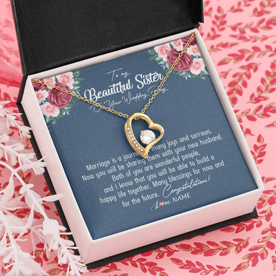 Forever Love Necklace 18K Yellow Gold Finish | Personalized To My Beautiful Sister Necklace On Her Wedding Day Congratulations Jewelry Sister Birthday Anniversary Christmas Customized Gift Box Message Card | teecentury