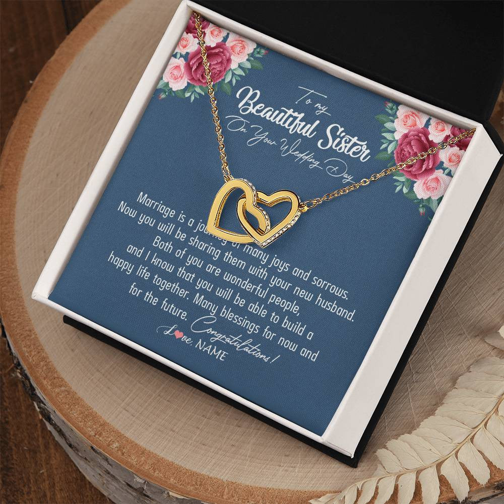Interlocking Hearts Necklace 18K Yellow Gold Finish | Personalized To My Beautiful Sister Necklace On Her Wedding Day Congratulations Jewelry Sister Birthday Anniversary Christmas Customized Gift Box Message Card | teecentury