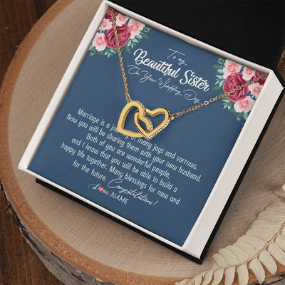 Interlocking Hearts Necklace 18K Yellow Gold Finish | Personalized To My Beautiful Sister Necklace On Her Wedding Day Congratulations Jewelry Sister Birthday Anniversary Christmas Customized Gift Box Message Card | teecentury