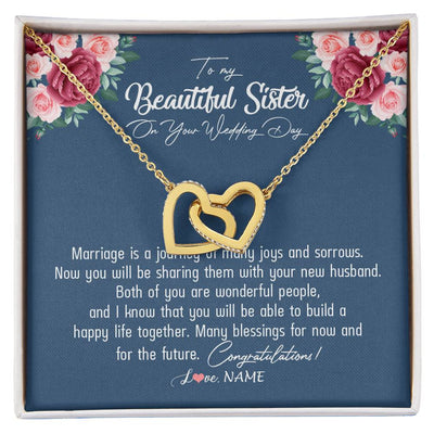 Interlocking Hearts Necklace 18K Yellow Gold Finish | Personalized To My Beautiful Sister Necklace On Her Wedding Day Congratulations Jewelry Sister Birthday Anniversary Christmas Customized Gift Box Message Card | teecentury