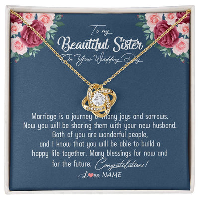 Love Knot Necklace 18K Yellow Gold Finish | Personalized To My Beautiful Sister Necklace On Her Wedding Day Congratulations Jewelry Sister Birthday Anniversary Christmas Customized Gift Box Message Card | teecentury