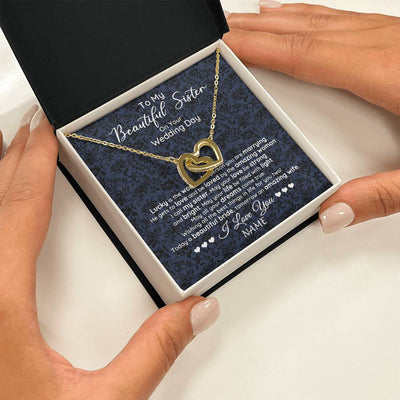 Interlocking Hearts Necklace 18K Yellow Gold Finish | 2 | Personalized To My Beautiful Sister On Your Wedding Day Necklace To Bride From Sister Little Sis Pendant Jewelry Customized Gift Box Message Card | teecentury